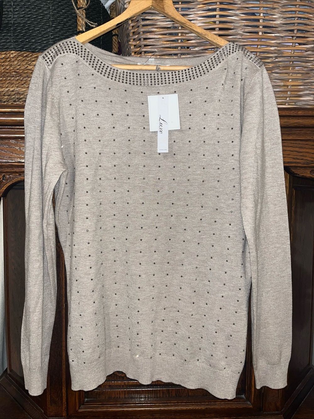 Sioni Taupe Studded Scoop Neck Sweater